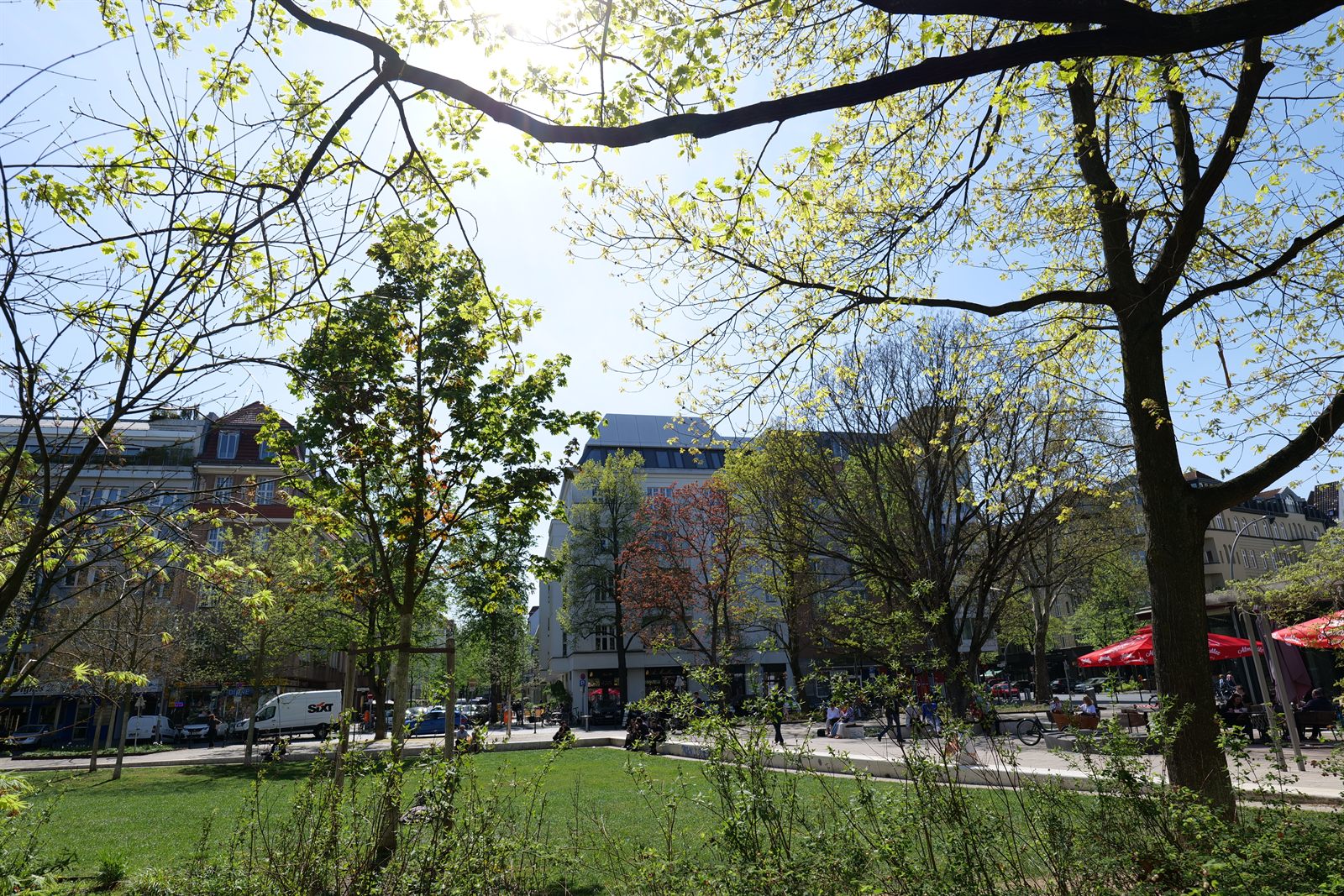 Olivaer Platz im Frühling: Rasen, junge Bäume mit frischem Laub, dahinter Altbauten und rote Sonnenschirme am Rand des Platzes